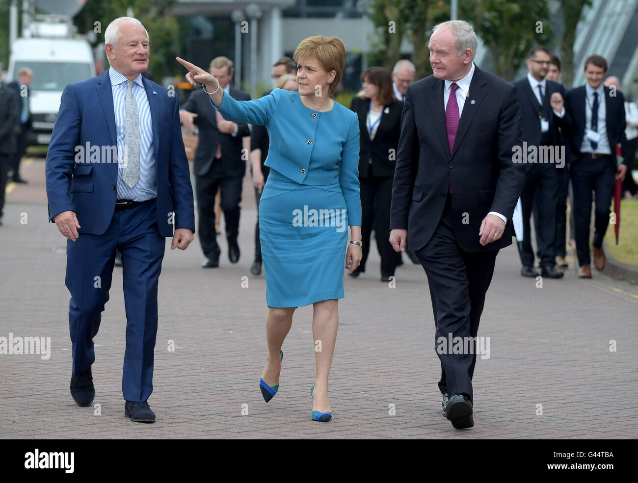 (From the left) Allan Bell Chief Minister Isle of Man, Nicola Sturgeon First Minister of Scotland, and Martin McGuinness deputy First Minister Northern Ireland during the British-Irish Council Summit meeting hosted by the Scottish Government in Glasgow. Stock Photo