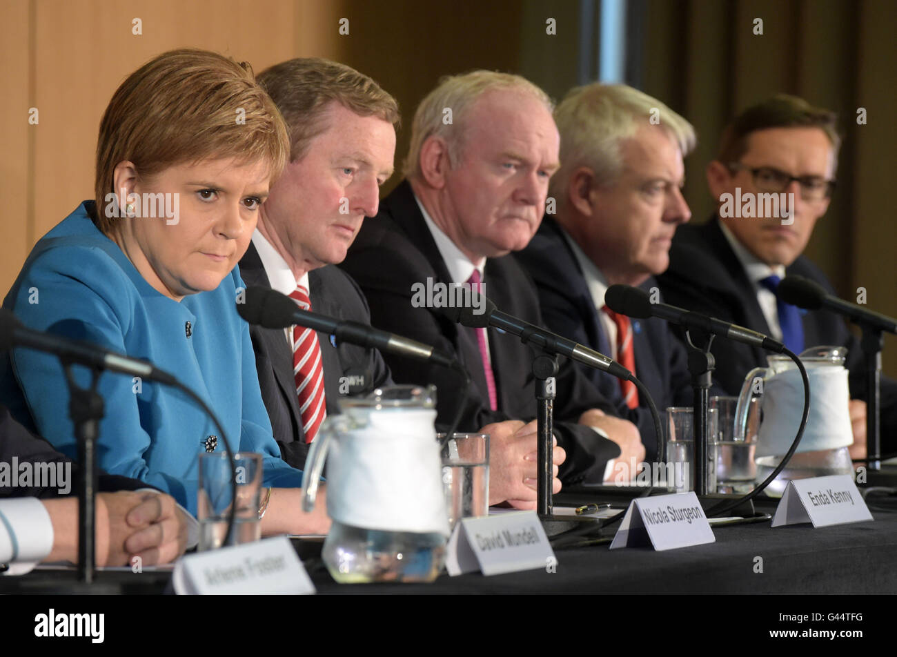 First Minister of Scotland Nicola Sturgeon, Taoiseach Enda Kenny, Martin McGuinness deputy First Minister Northern Ireland, Carwyn Jones First Minister of Wales and Senator Ian Gorst Chief Minister Government of Jersey at a press conference during the British-Irish Council Summit meeting hosted by the Scottish Government in Glasgow. Stock Photo
