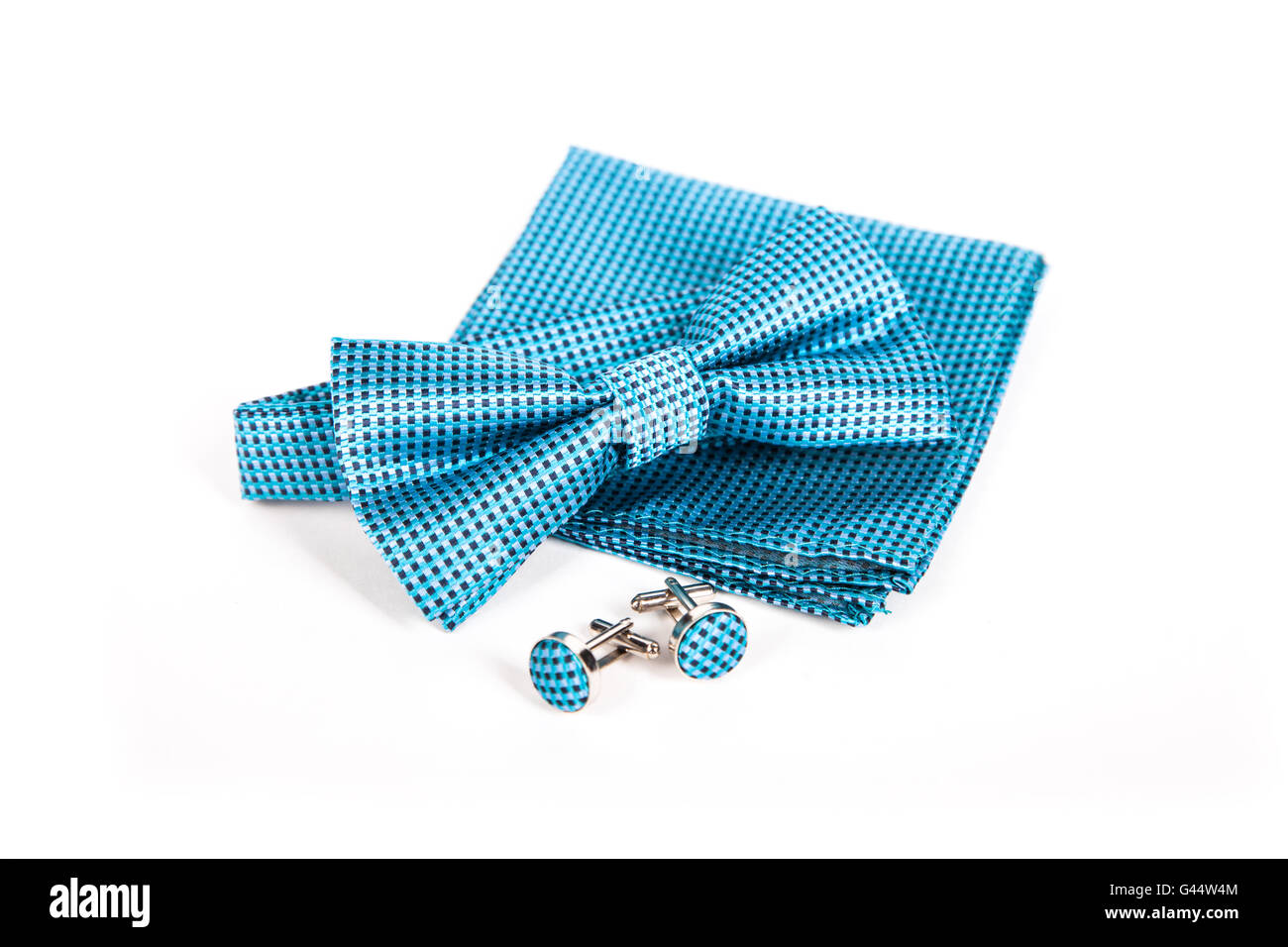 Bow tie, handkerchief and cufflinks. Wedding accessories groom. Stock Photo