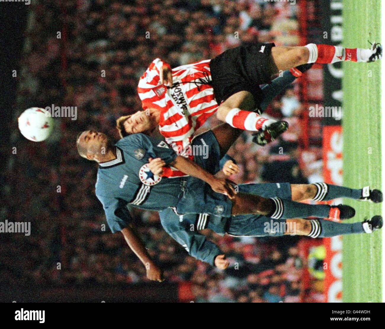 Newcastles Les Ferdinand (left) gets a head to the ball during their Premier League match against Sunderland at Roker Park this evening (Wednesday). Photo by Paul Barker/PA. **Sunderland player un-identified** Stock Photo