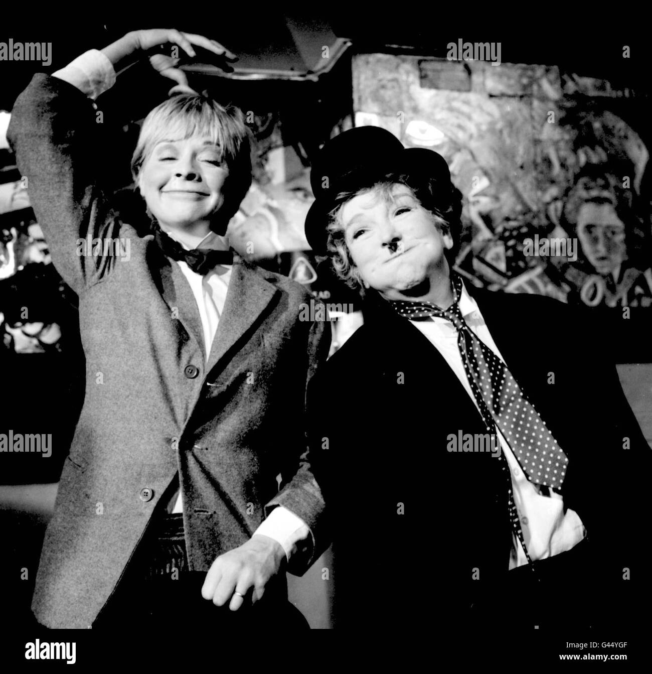 The female Laurel and Hardy are British actresses Susannah York (left) and Beryl Reid. They ar doing a take-off of the old-time comics for a fancy dress scene in the film version of Frank Marcus's play 'The Killing of Sister George'. Stock Photo