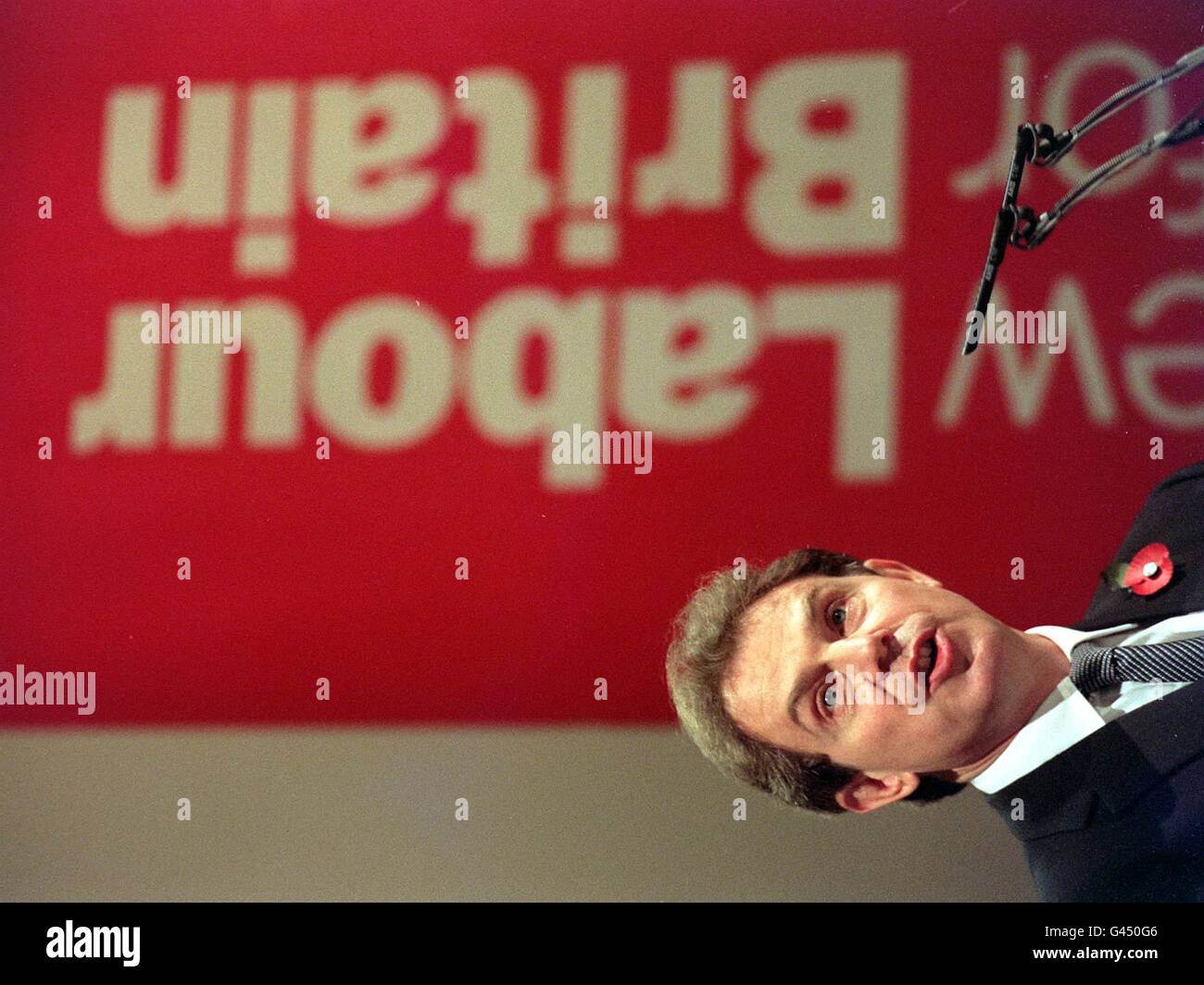 Labour leader Tony Blair pictured at a news conference in London today