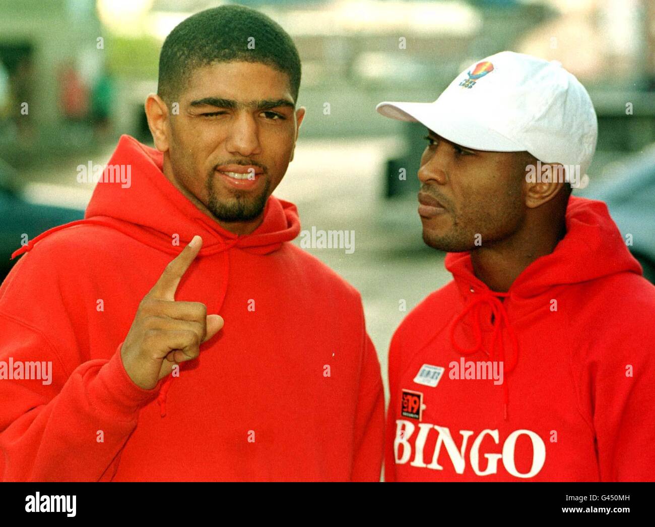 American WBO Light-Middleweight champion boxer Ronald 'Winky' Wright shows his opponent, Manchester's Ensley Bingham, who's world no.1 as they prepare for their fight on Saturday night. PA Photo by Malcolm Croft Stock Photo