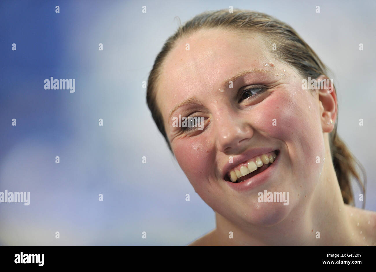 Cassandra Patten is interviewed after winning her heat of the Womens 1500m Freestyle during the British Gas Swimming Championships at the Manchester Aquatic Centre, Manchester. Stock Photo