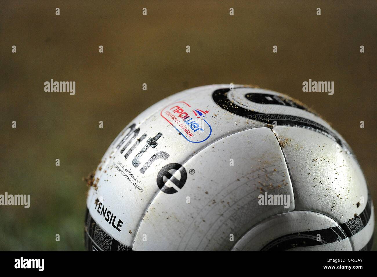 Detail of an official Milton Keynes Dons matchball on the pitch Stock Photo