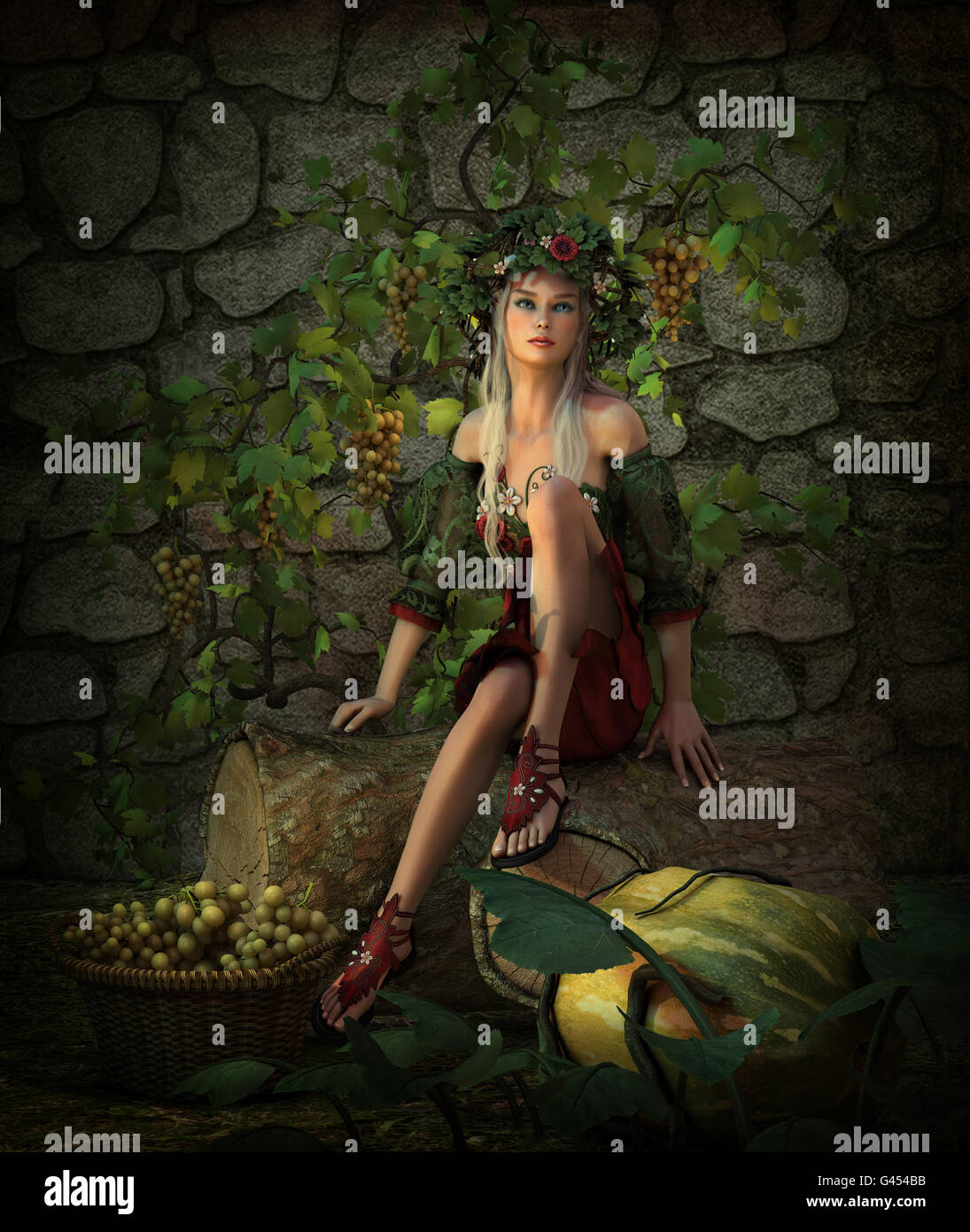 3d computer graphics of a girl sitting on a tree stump with a basket full of grapes and a pumpkin Stock Photo