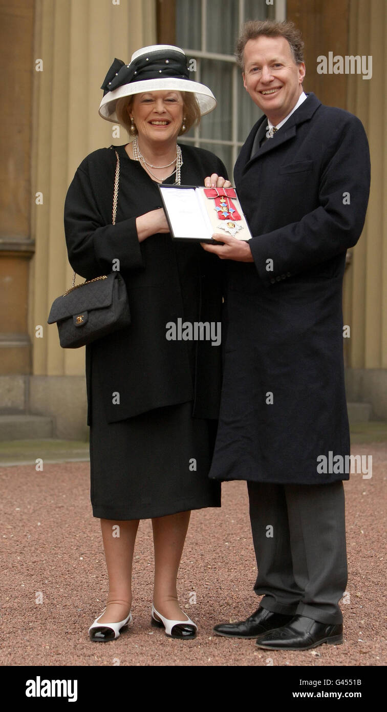 Antonia Fraser, with her son Orlando, after being made a Dame Commander by Britain's Queen Elizabeth II during an investiture ceremony at Buckingham Palace, central London. Lady Fraser, famed for her biographies and love affair with playwright Harold Pinter, was made a Dame for services to literature. Stock Photo