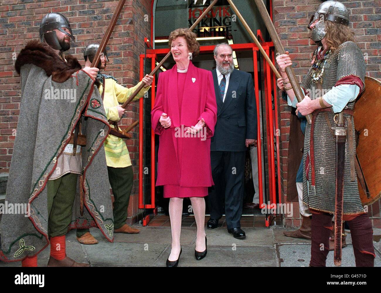 Irish President Mary Robinson and her husband Nicholas leace the Jorvik Viking Centre in York this afternoon (Friday) following a visit to the museum. Mrs Robinson is on her last day of a four-day official visit to Britain. Stock Photo