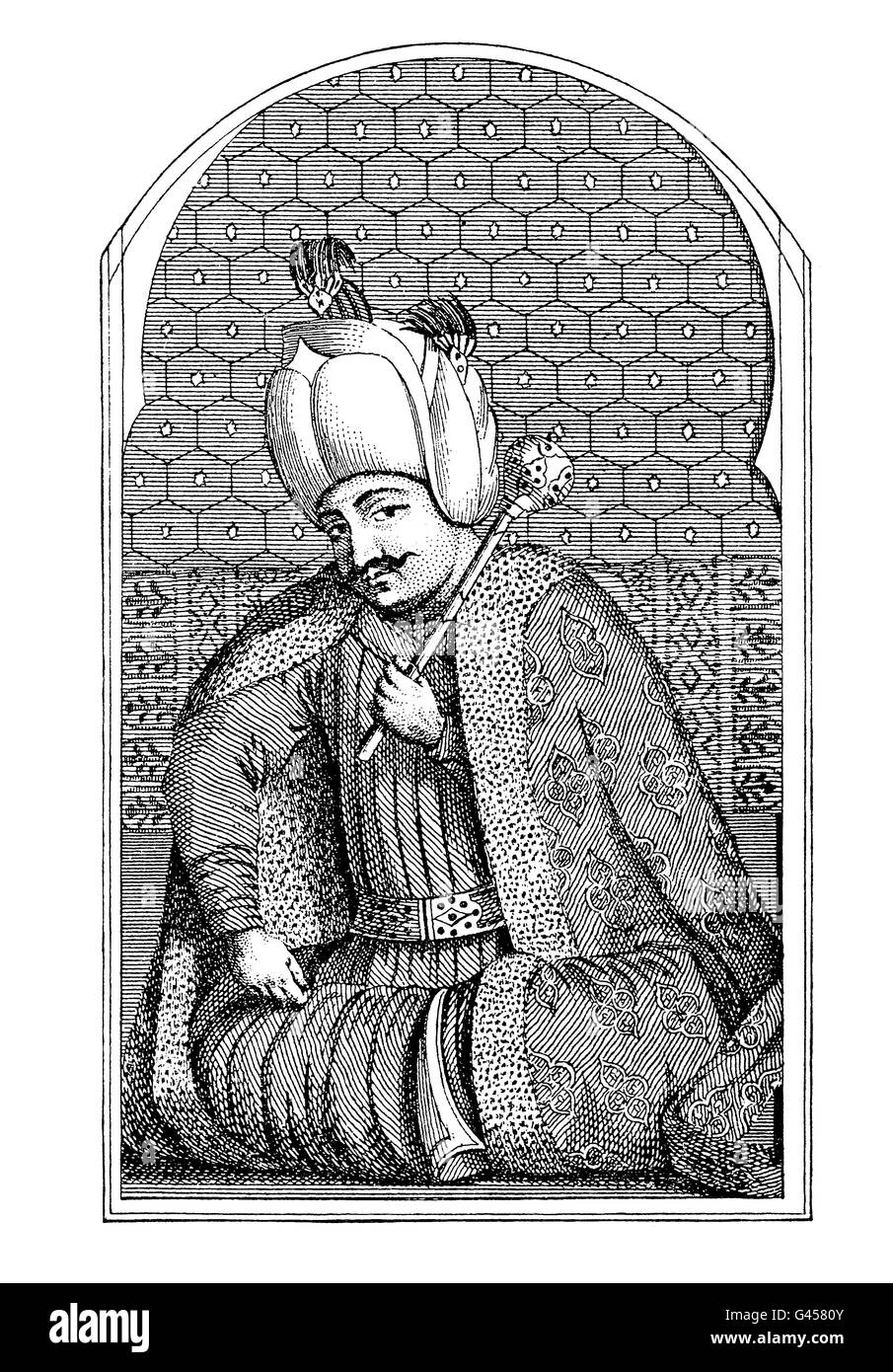 Selim I, Sultan of the Ottoman Empire in XVI century, engraving portrait Stock Photo