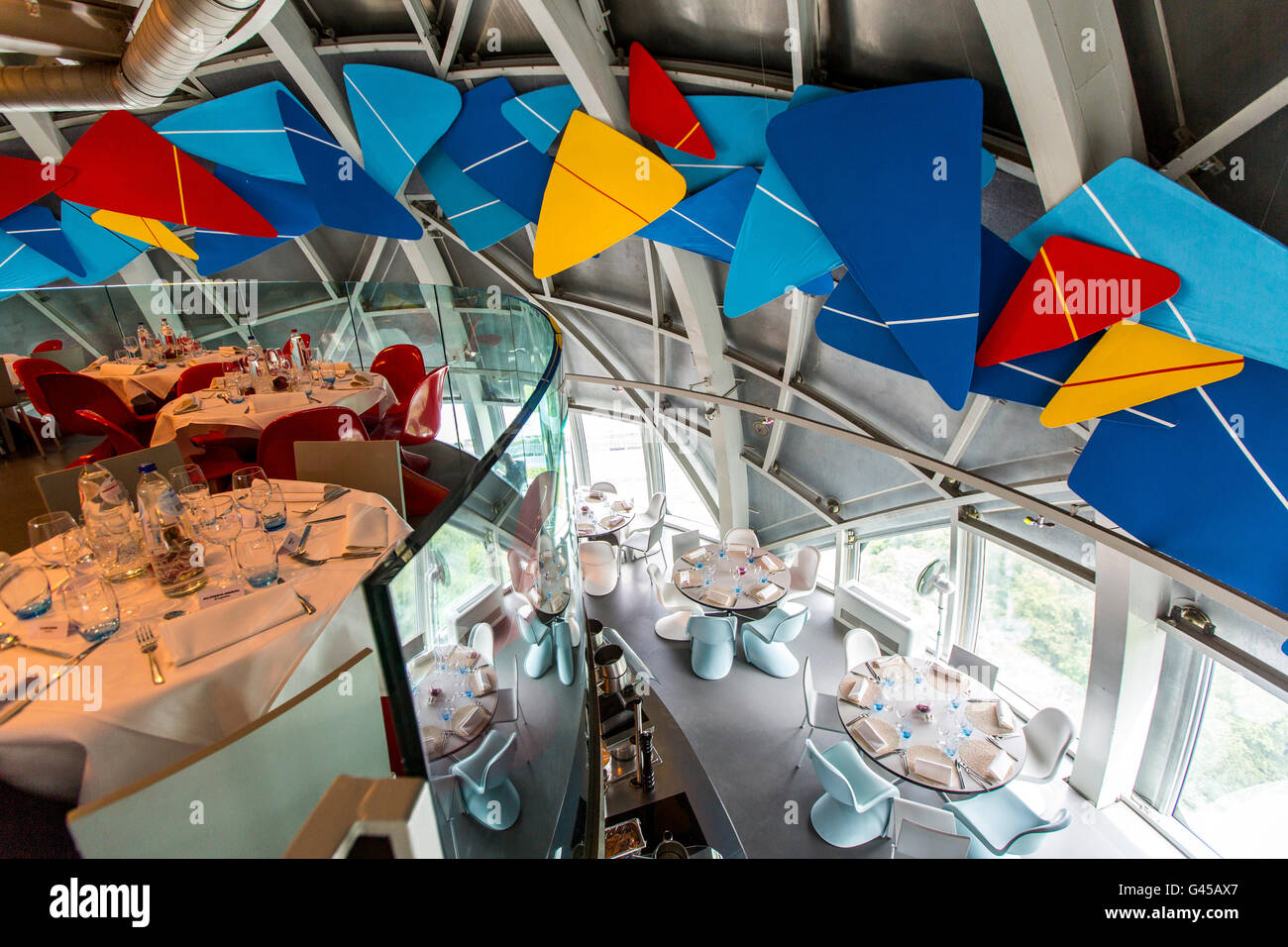 The Atomium in Brussels, Belgium, at the exhibition grounds, restaurant in the top ball, Stock Photo