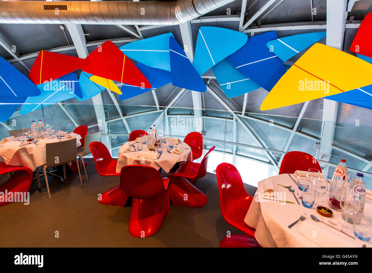 The Atomium in Brussels, Belgium, at the exhibition grounds, restaurant in the top ball, Stock Photo