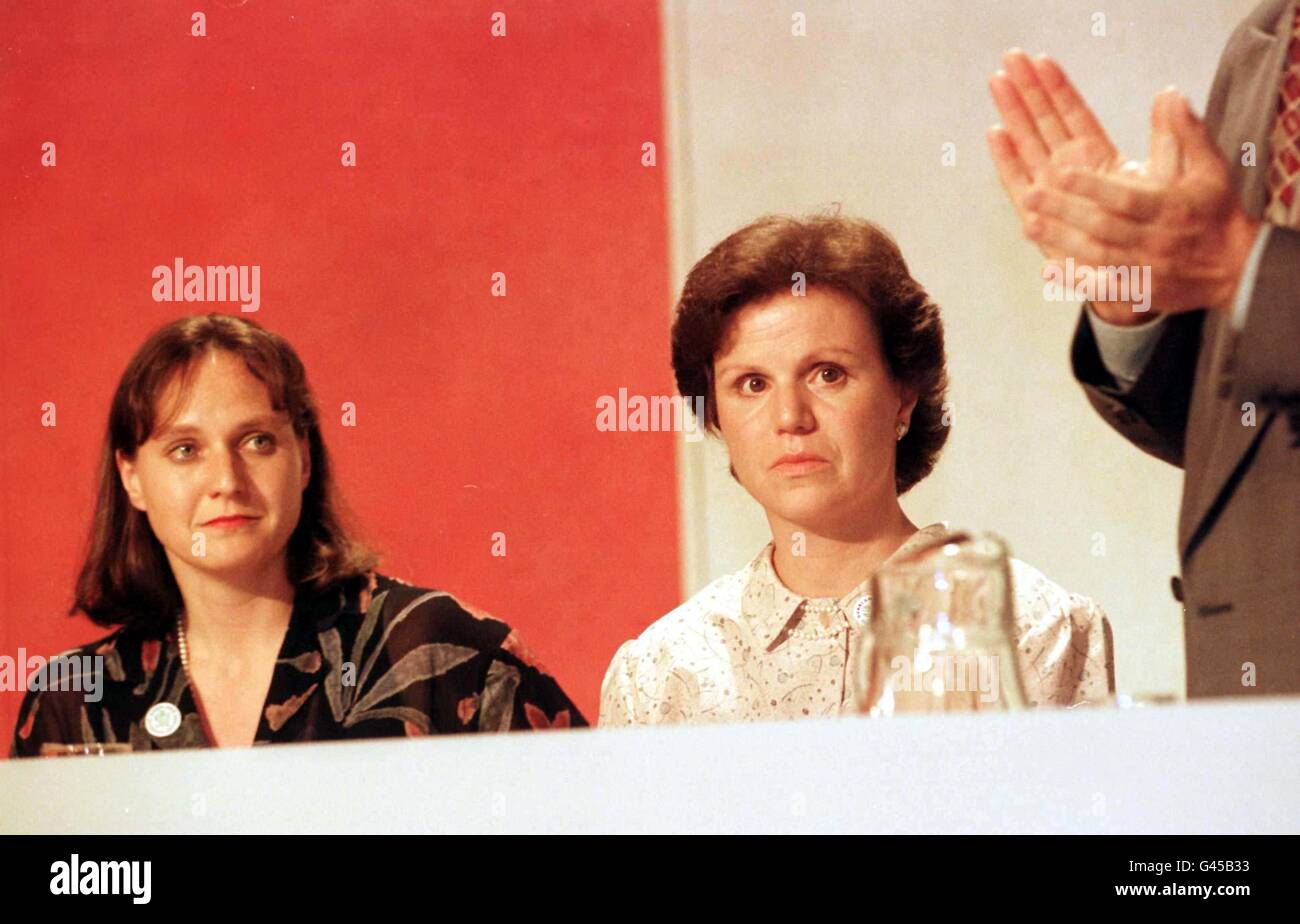 Rosemary Hunter (left) and Ann Pearston organisers of the Dunblane Snowdrop Campaign receive applause after Ann spoke during a gun control debate at the Labour Party Conference today (Thur) Picture by Stefan Rousseau Stock Photo