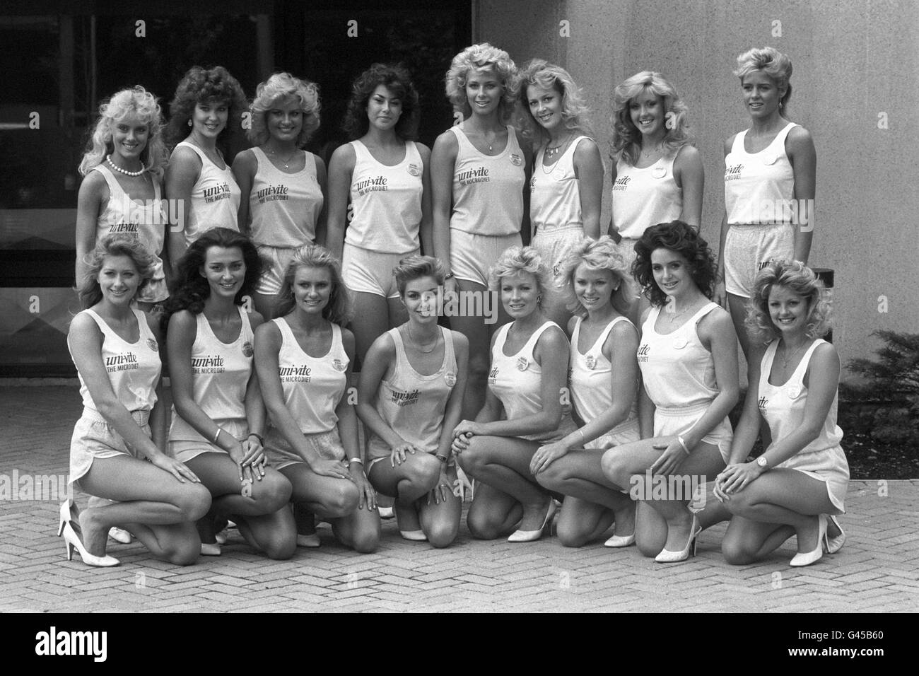 The finalists for the Miss United Kingdom contest line up at the Tara Hotel, Kensington. Back row, left to right: Louise Hodges, Janice Oates, Jane Kennedy, Louise Le Galle, Mandy Shires, Amanda Davies, Linzi Butler and Donna Watters. Front row, left to right: Helen Westlake, Jane Riley, Joanne Sedgley, Heather Cameron, Lianne Gray, Jackie Hendrie, Arlene Logan and Barbara Christian. Stock Photo