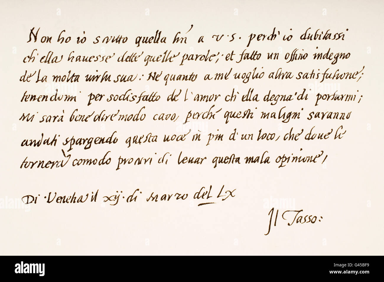 Torquato Tasso, 1544 – 1595. Italian poet.    Hand writing sample. Stock Photo
