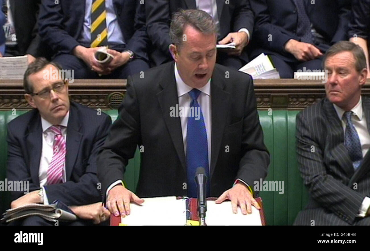 Defence Secretary Liam Fox speaking in the House of Commons on the proposed redundancies in the armed forces. Stock Photo