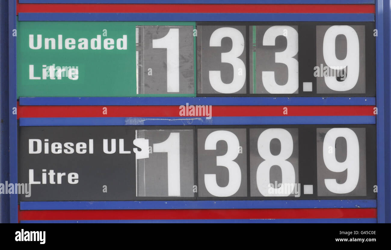 Petrol prices. A sign displaying petrol prices outside a petrol station
