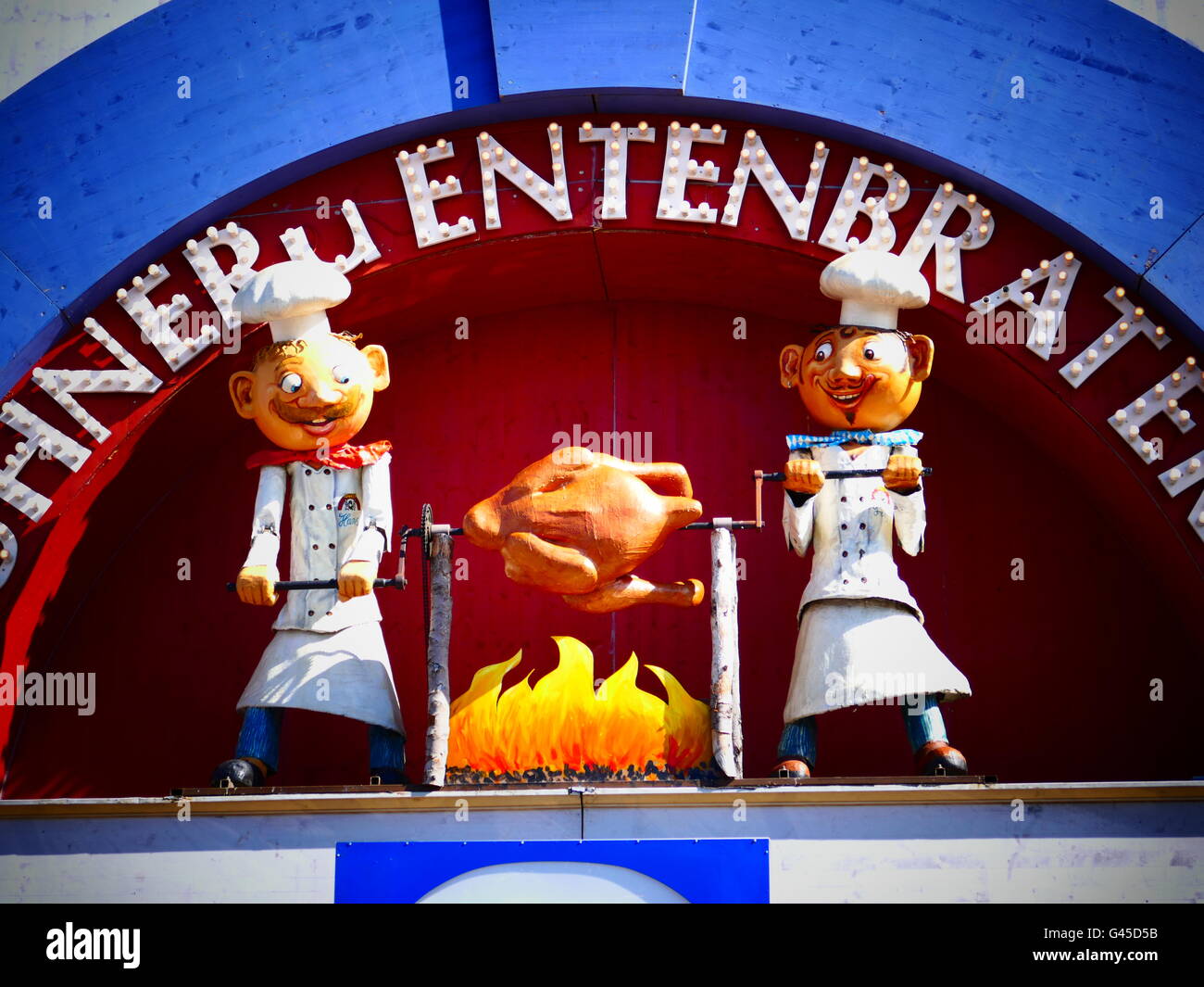 Europe Germany German Oktoberfest Munich Beer Festival 2015. Roasted Duck tent decoration. Stock Photo