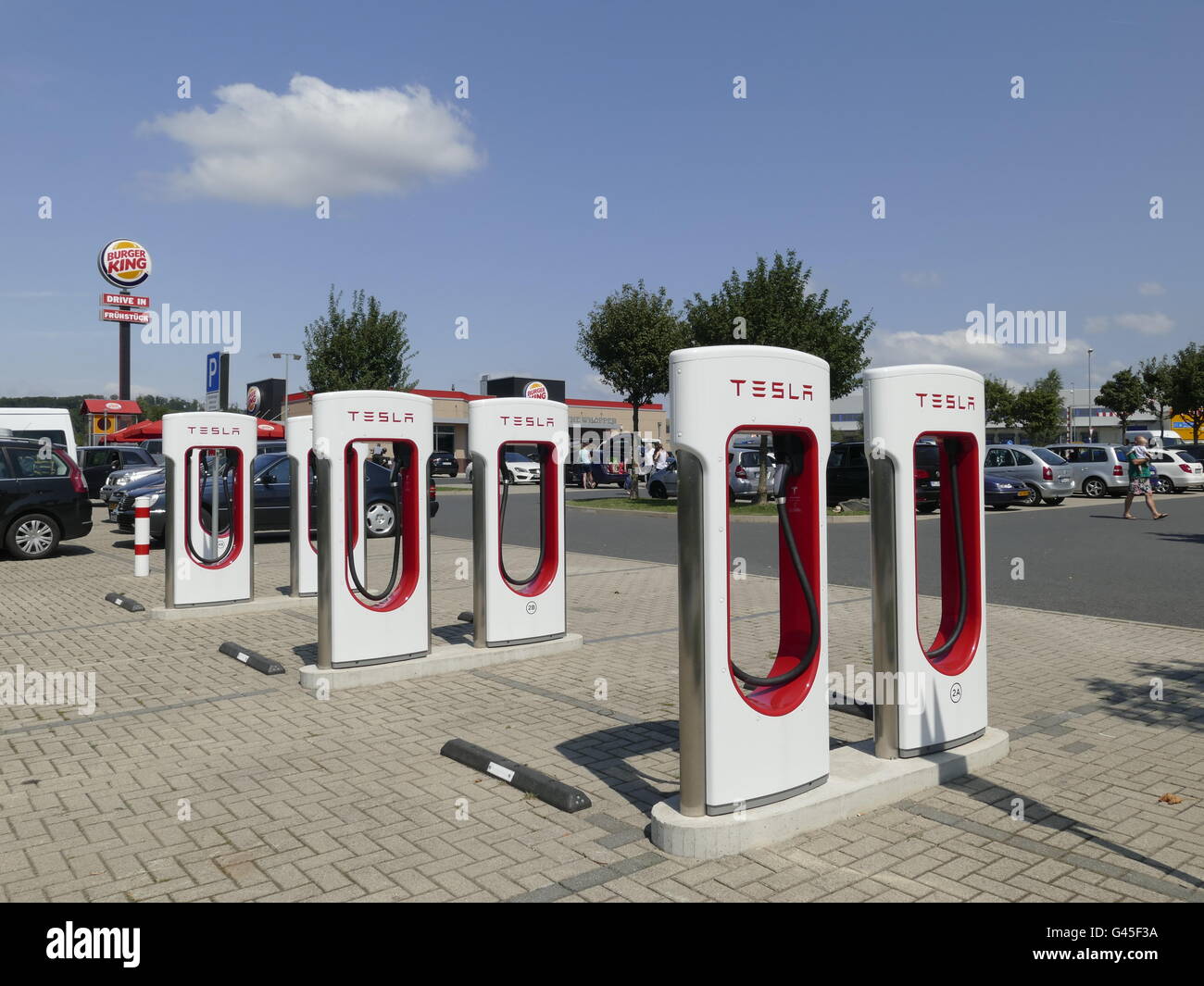 Europe Germany Tesla electric auto Recharging station Stock Photo