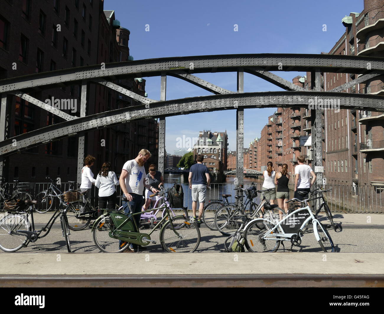 Europe Germany Hamburg Speicherstadt Warehouse city Bicycle Tour Stock Photo