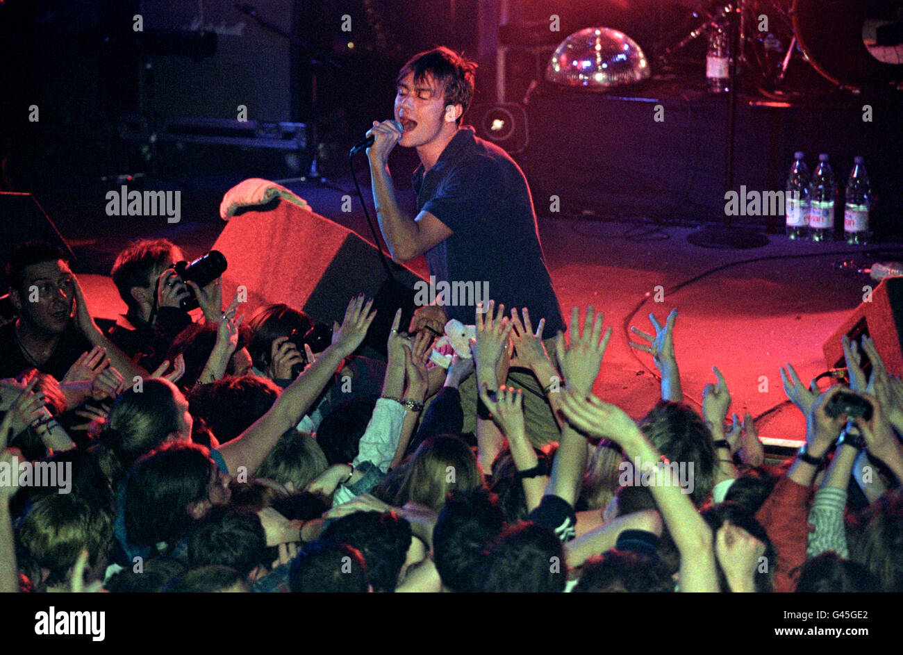 Blur's Damon Albarn sings to the crowd on the band's first gig in more than a year this evening (Wednesday). The band chose the Mayfair Club in Newcastle for their return to the road. Stock Photo