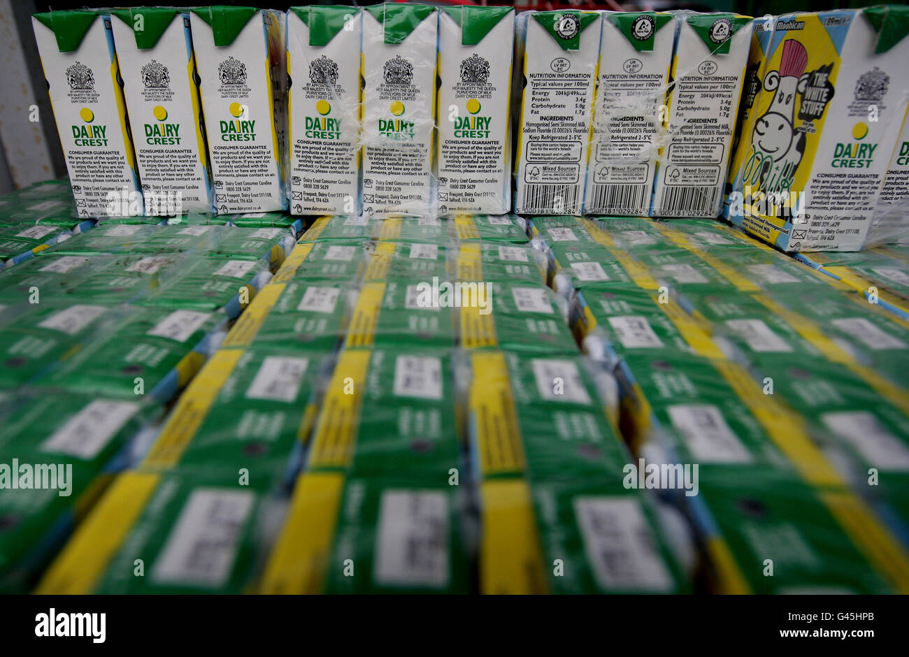 A general view of Dairy Crest school milk cartons on a milk float at the company's Failsworth Depot, Failsworth, Greater Manchester. Stock Photo