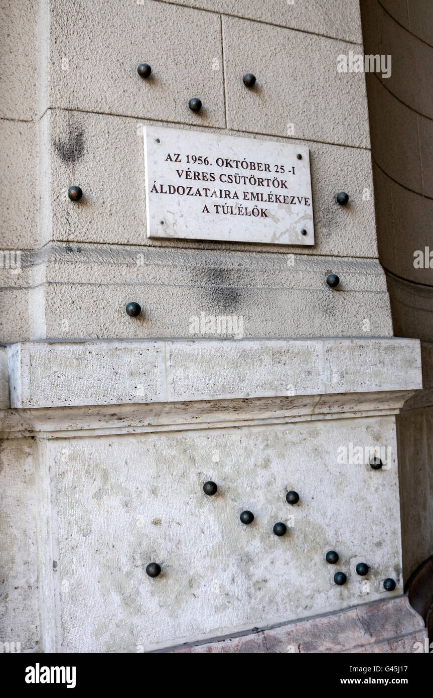 Each of the metal balls embedded into a wall of the Ministry of Rural Development in Budapest, Hungary, represents victims killed Stock Photo