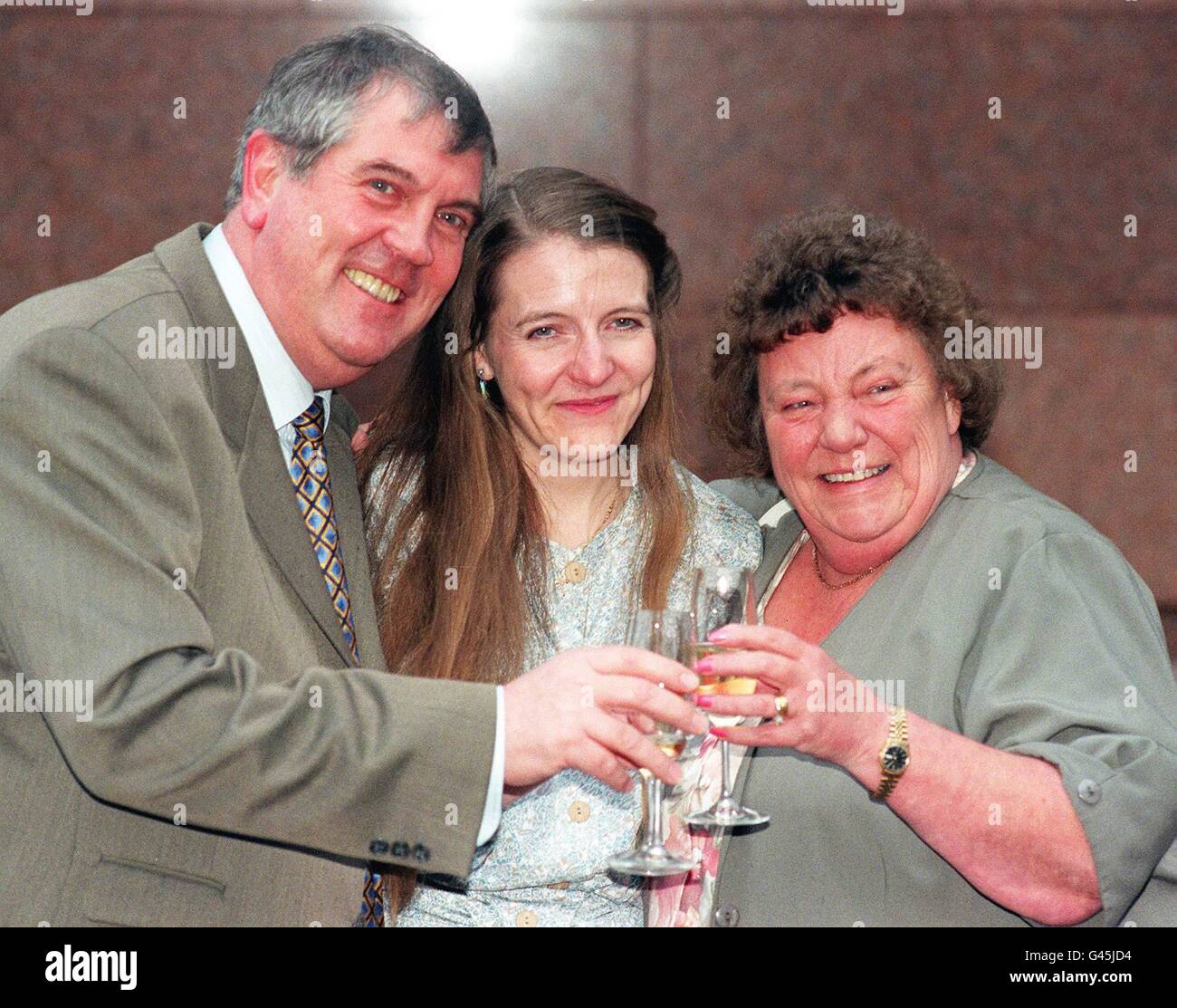 A jubilant Diane Blood, 30, celebrating this afternoon (Thursday) with her parents Michael and Shiela McMahon after the decision by the Human Fertilisation and Embryology Authority to allow her to try for a baby using her dead husband's sperm. She will still be banned from using husband Stephen's sperm in the UK, but aims to travel to Belgium, where a clinic has agreed to artificially inseminate her. See PA story HEALTH Sperm . Stock Photo