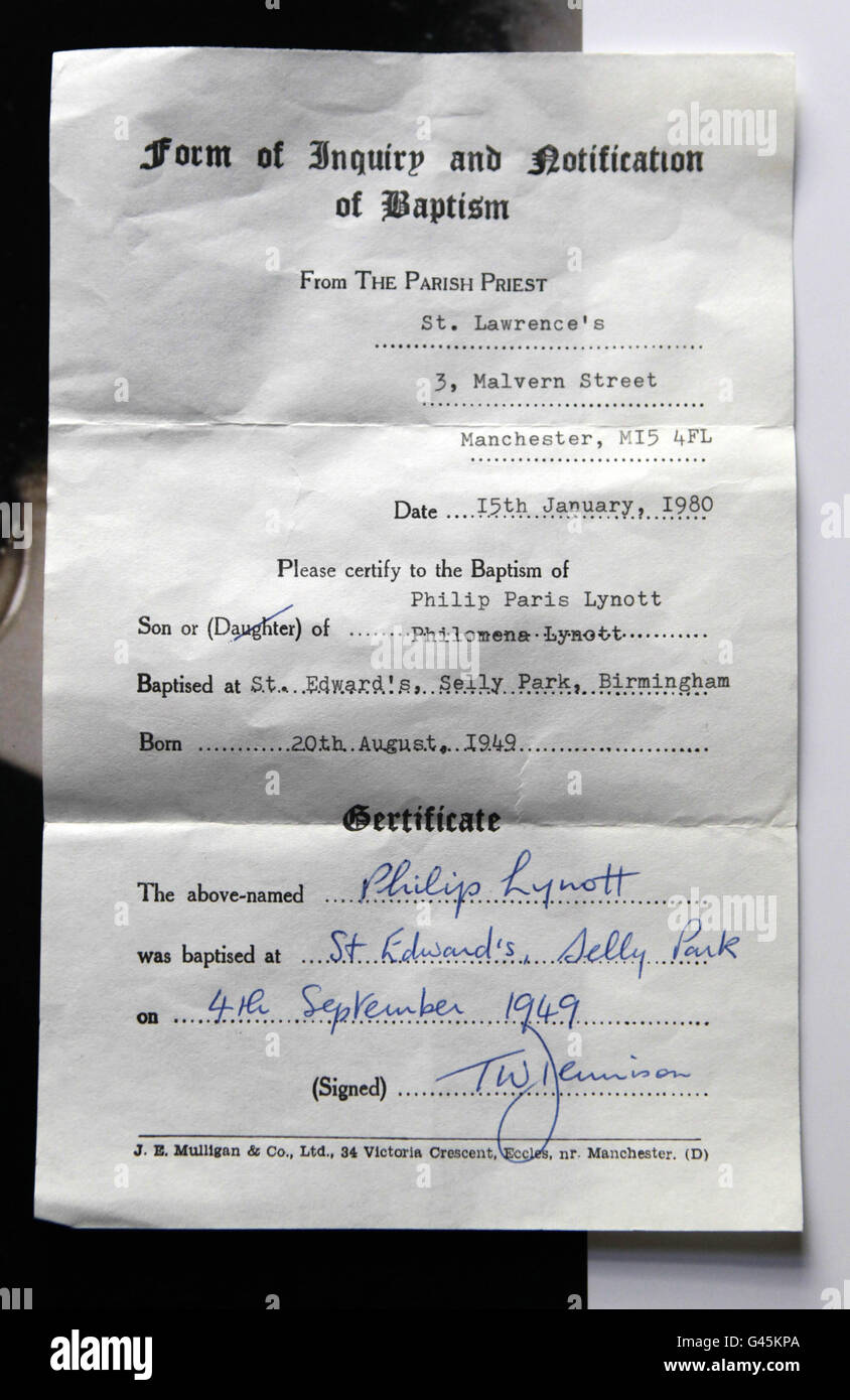 Phil Lynott's Baptism certificate which forms part of a new Exhibition on the life and times of the Thin Lizzy star organised by Hot Press Magazine, entitled 'Still in love with you' which opens at the Creative Space in St. Stephens Green shopping centre in Dublin on Friday March 4th. Stock Photo