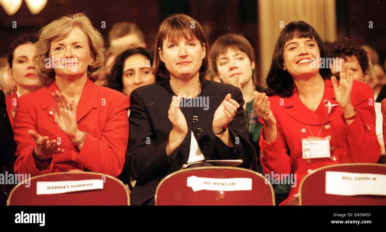 Glenys Kinnock MEP (left), wife of former Labour leader Neil Kinnock, frontbench spokeswoman Harriet Harman (centre) and prospective parliamentary candidate Barbara Follett clap enthusiastically during this morning's (Tuesday) debate on women's issues at the Labour Party Conference in Blackpool. By Stefan Rousseau/PA. Stock Photo