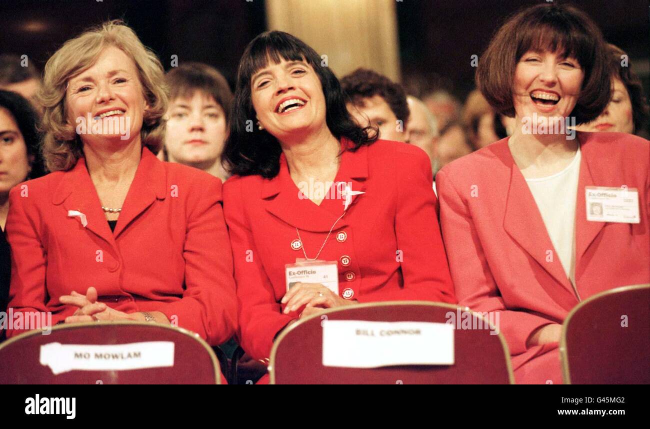 Glenys Kinnock MEP (left), wife of former Labour leader Neil Kinnock, prospective parliamentary candidate Barbara Follett and delegate Helen Southworth (right) laugh enthusiastically during this morning's (Tuesday) debate on women's issues at the Labour Party Conference in Blackpool. By Stefan Rousseau/PA. Stock Photo