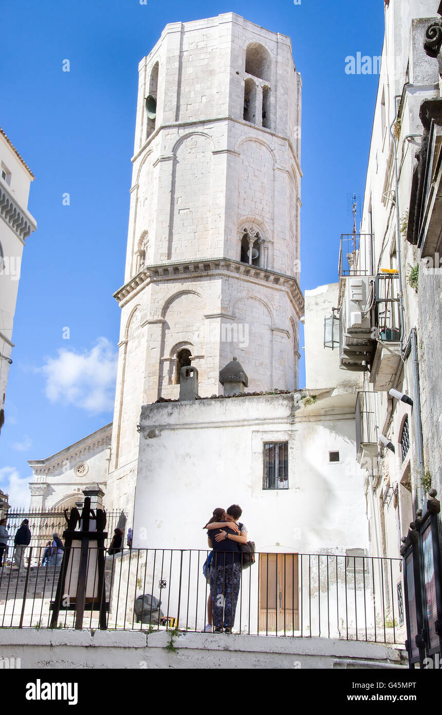 monte sant Angelo angioina tower couple hug italy Stock Photo
