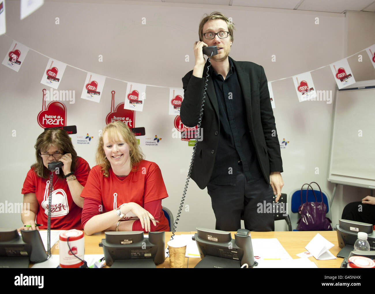 Stephen Merchant manning the telephones during the 2011 Have a Heart appeal, Heart FM's charity raising money for Children's Hospices UK, at the Heart FM studios in central London. Stock Photo