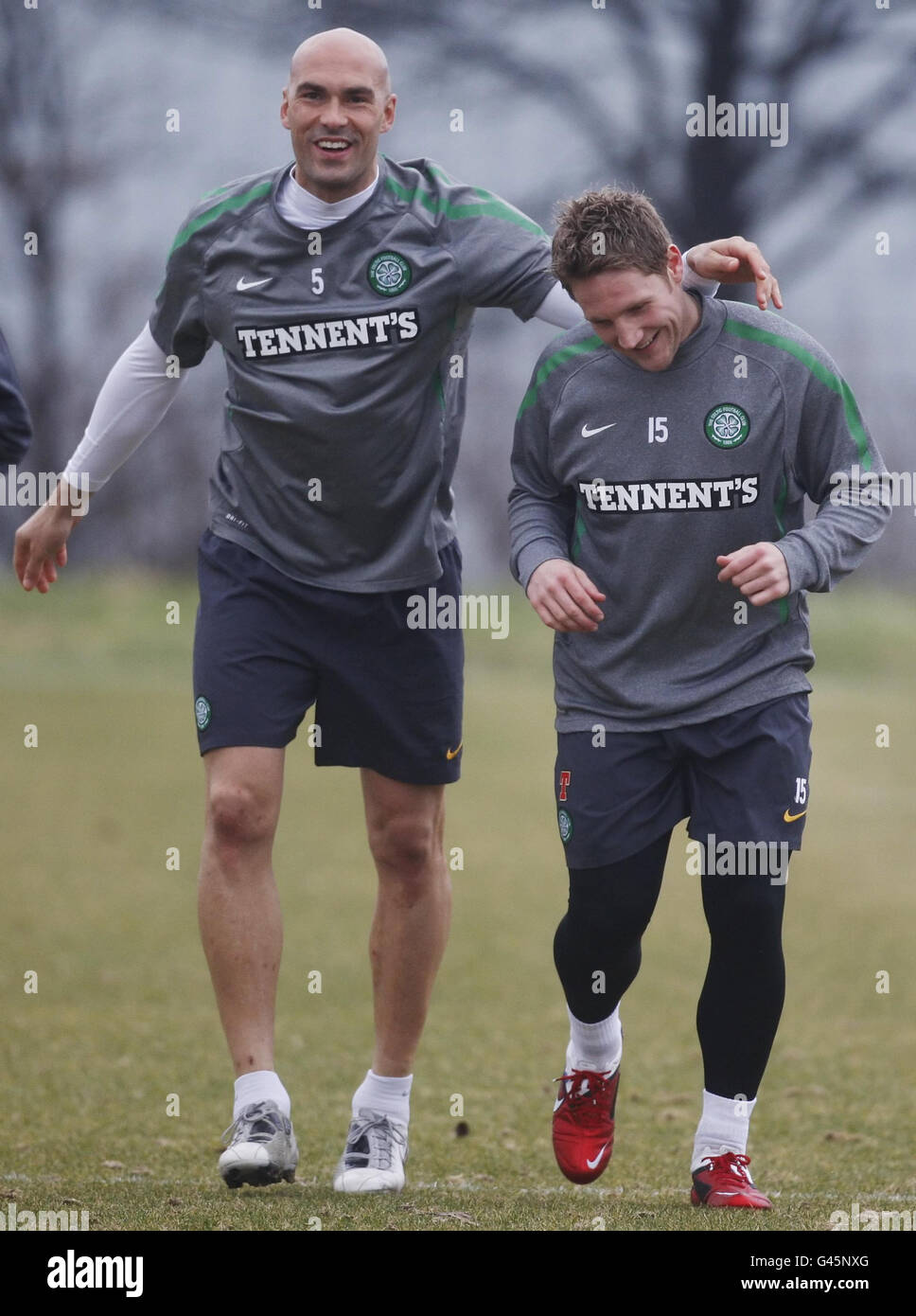 Soccer Celtic Training Session Barrowfield Training Ground. Daniel Majstorovic (left) and