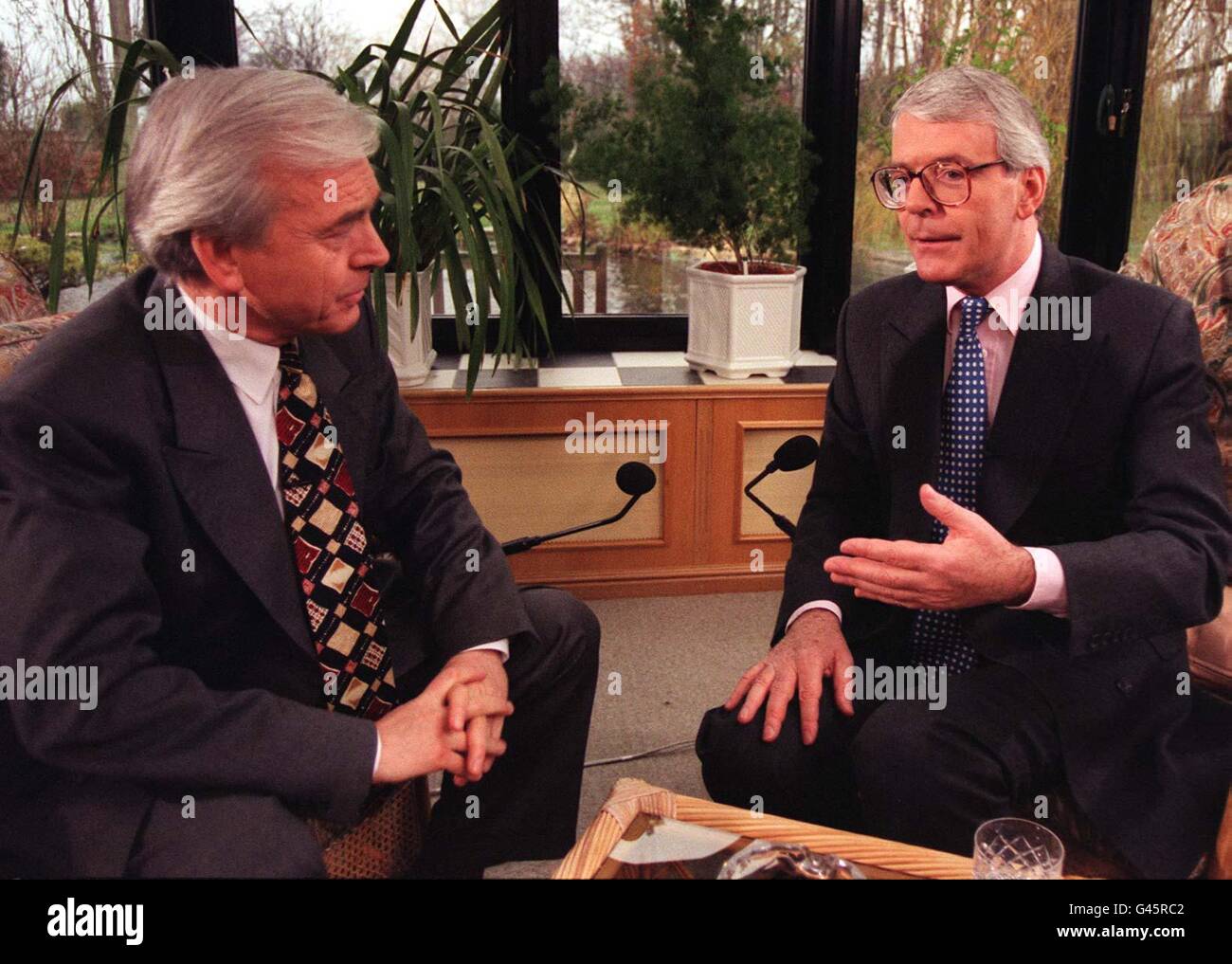 Prime Minister John Major (right) prior to his interview with John Humphrys (left), on the BBC On The Record programme, at his home near Huntingdon today (Sunday). Photo by Tony Harris. See PA Story POLITICS Major. Stock Photo