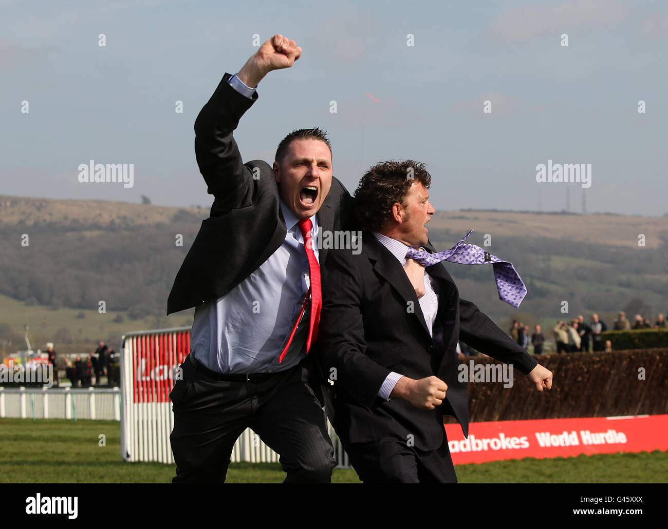 Paul Nolan (right) celebrates after is horse Noble Prince ridden by Tony McCoy won the Jewson