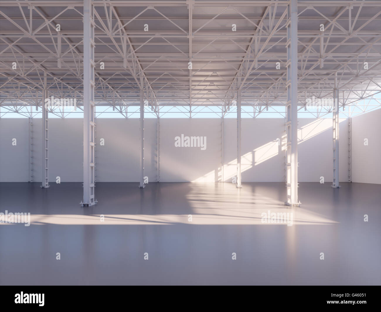 Contemporary empty warehouse interior 3d illustration background Stock