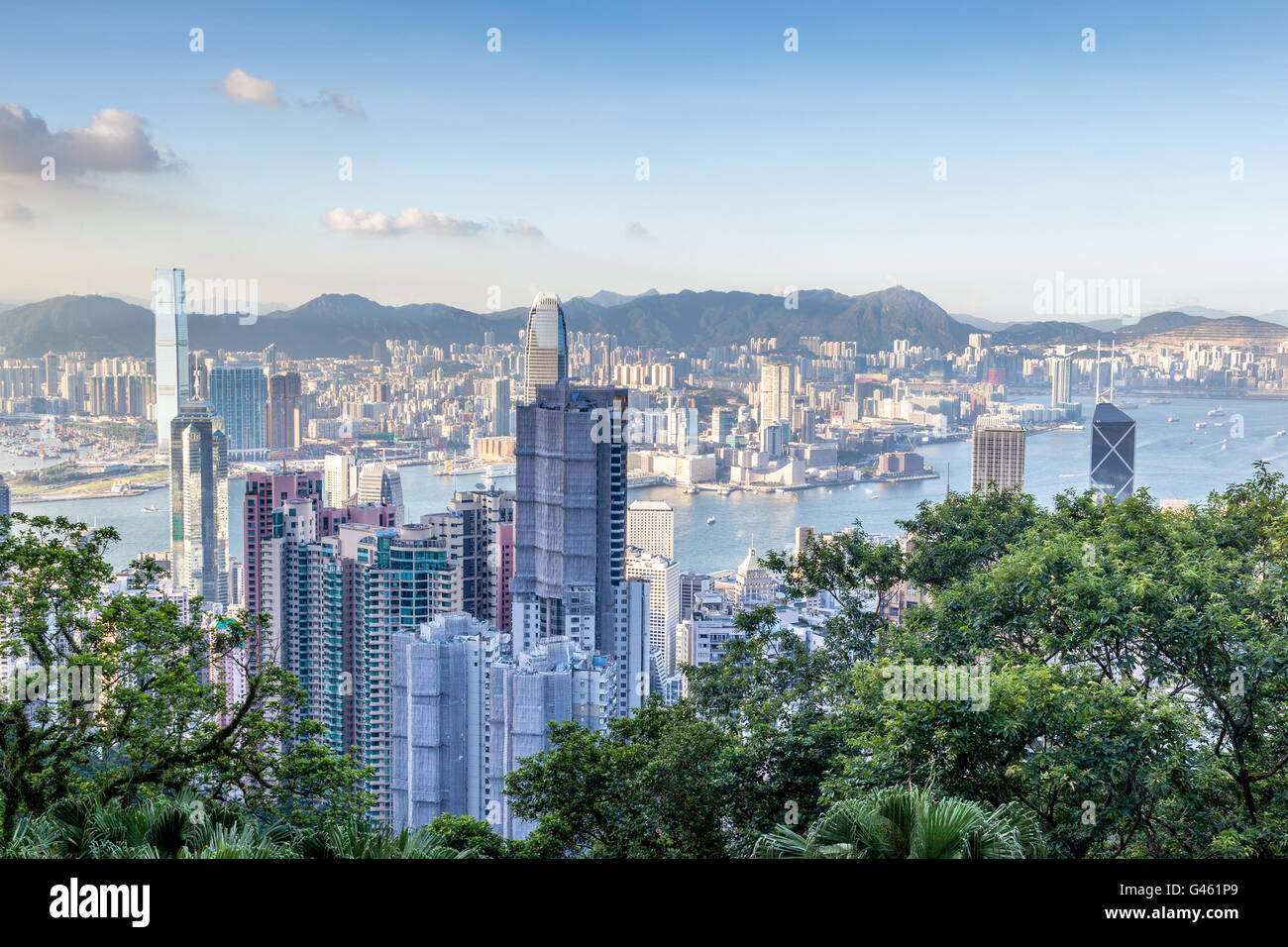 Aerial shot of Victoria Harbor as viewed atop Victoria Peak. This is Hong Kong's famous financial downtown district. Stock Photo