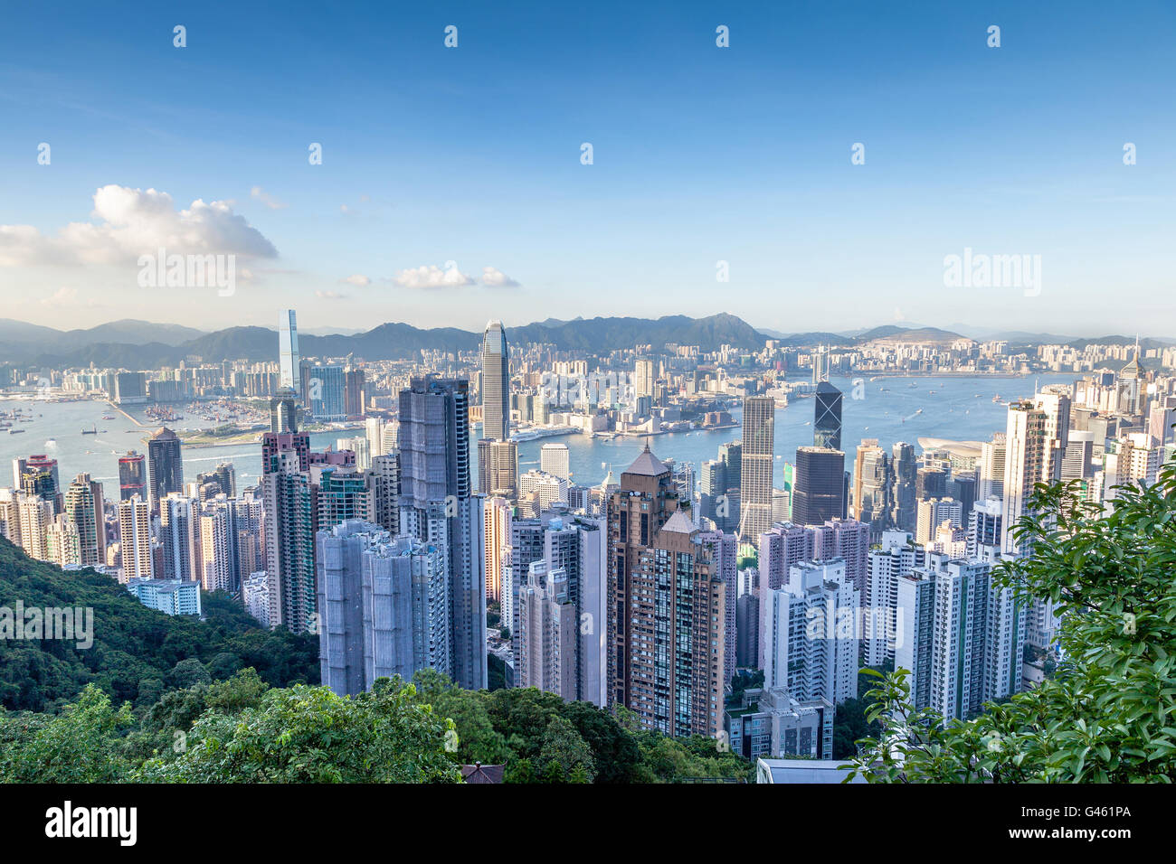 Aerial shot of Victoria Harbor as viewed atop Victoria Peak. This is Hong Kong's famous financial downtown district. Stock Photo
