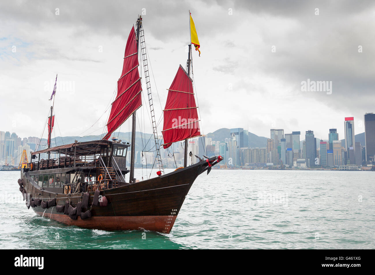 A Chinese junk ship with red sails on Victoria Harbor in Tsim Sha Tsui