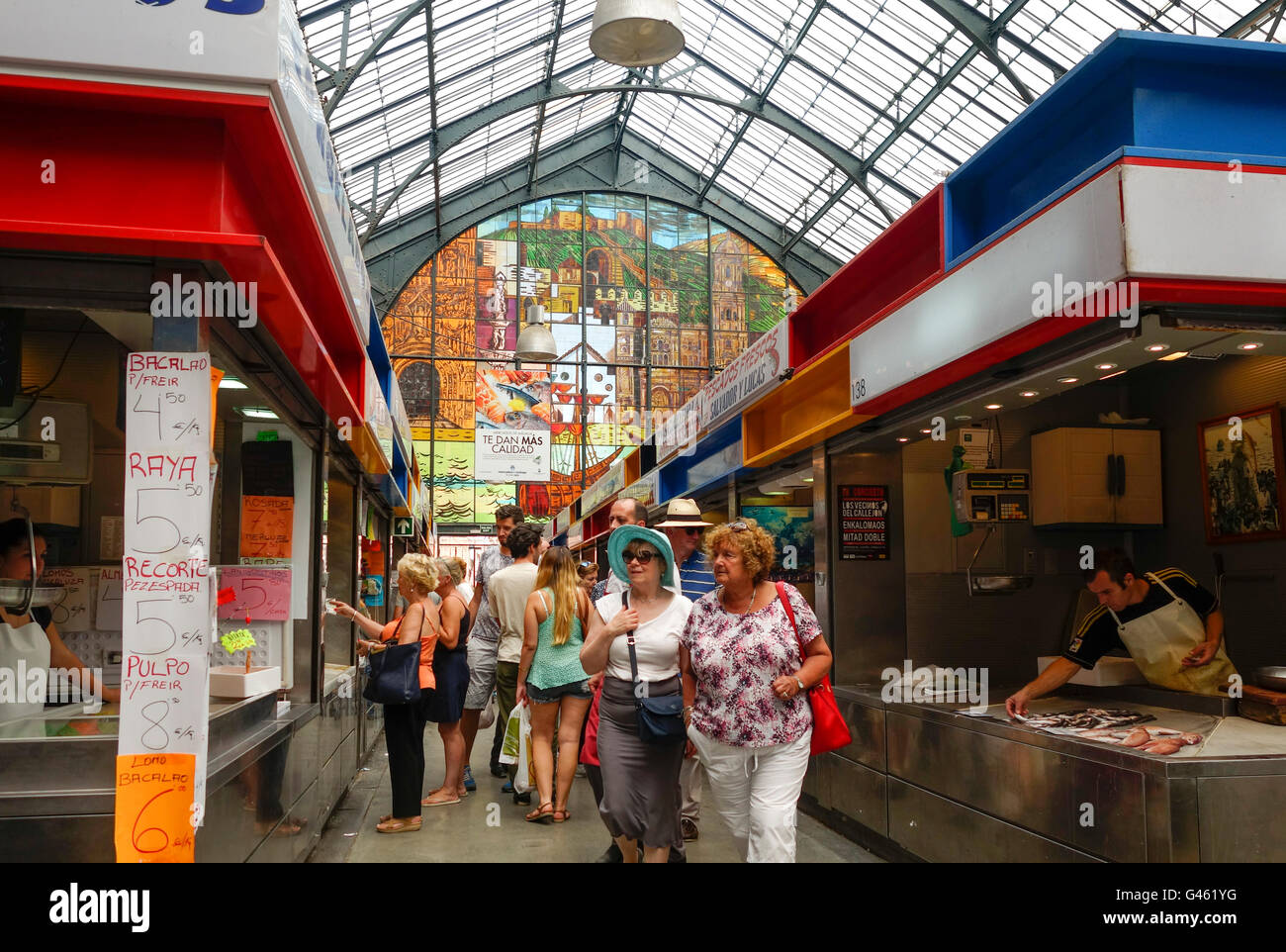 Interior of Atarazanas, covered Market with closed vendor kiosks in Malaga, Andalusia, Spain. Stock Photo