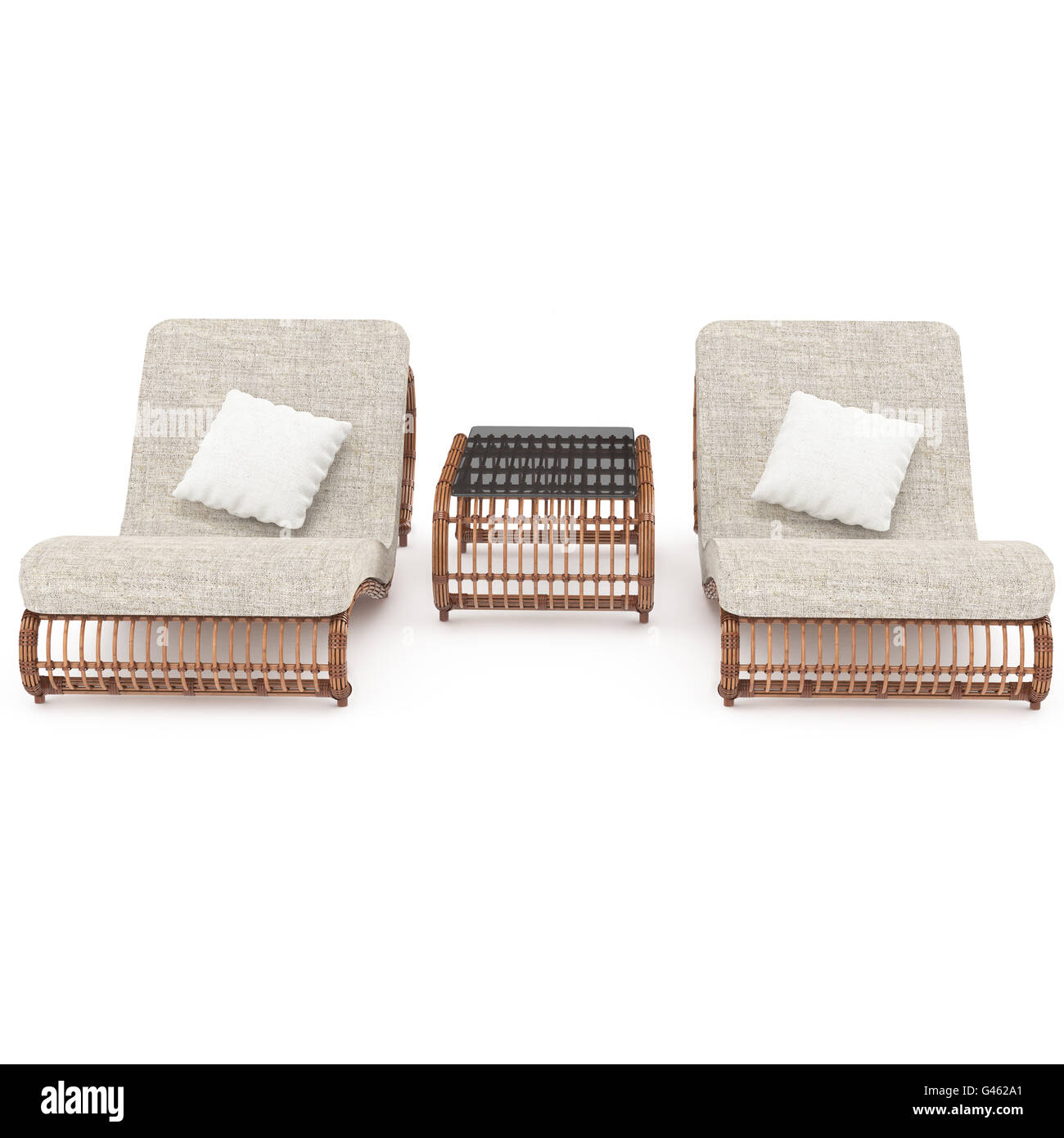Deck chairs rattan table with front view 3d graphics Stock Photo - Alamy