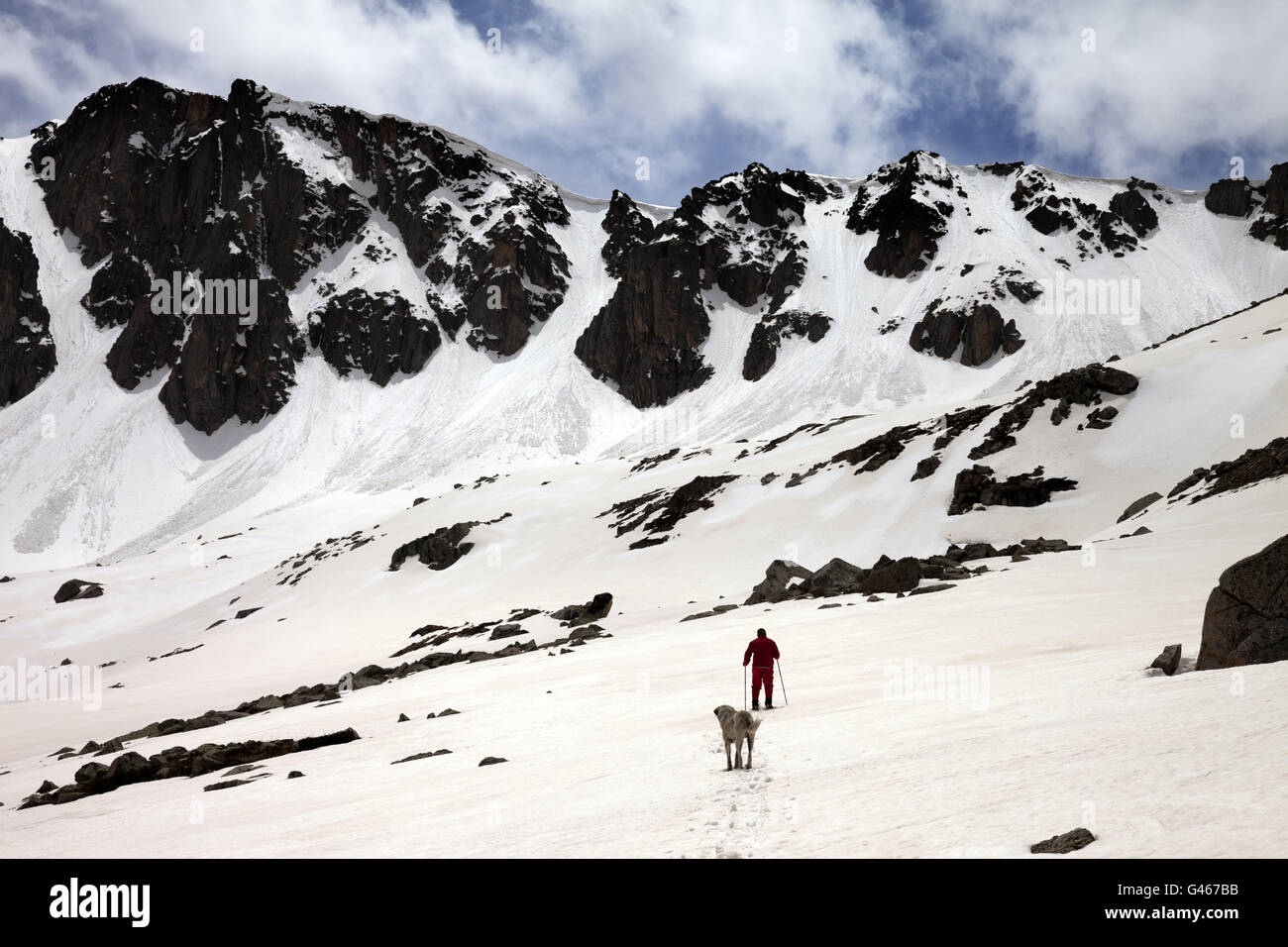 Hiker and dog in snowy mountains at spring. Turkey, Kachkar Mountains, highest part of Pontic Mountains. Stock Photo