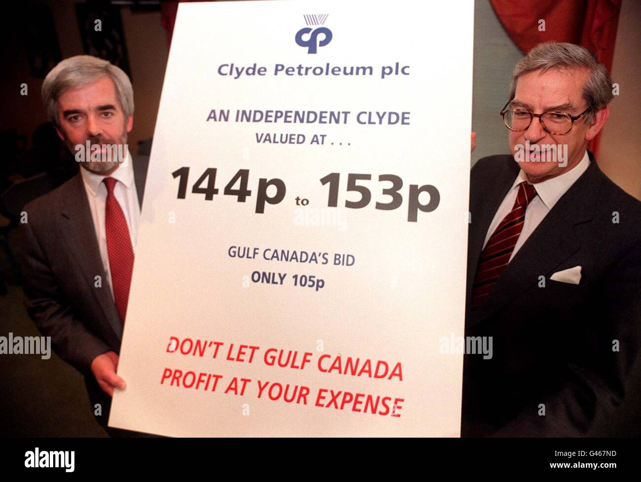 Chairman Malcolm Gourley (right) and Group Managing Director Roy Franklin (left) of Clyde Petroleum launch their third and final defence document this afternoon (Tueday) against their company's prospective takeover by Gulf Canada. As well as posting a preliminary operating profit for 1996 of 65.2 million, Franklin noted: ' I am confident that an independent Clyde will generate a much better return for our shareholders.' By Sean Dempsey/PA. Stock Photo