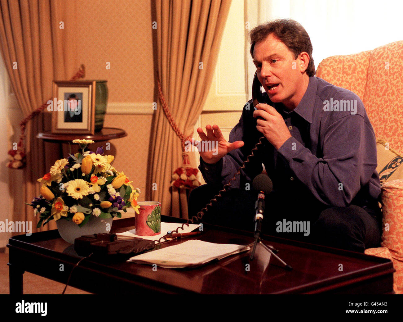 Labour leader Tony Blair demonstrates a new style speaking to his