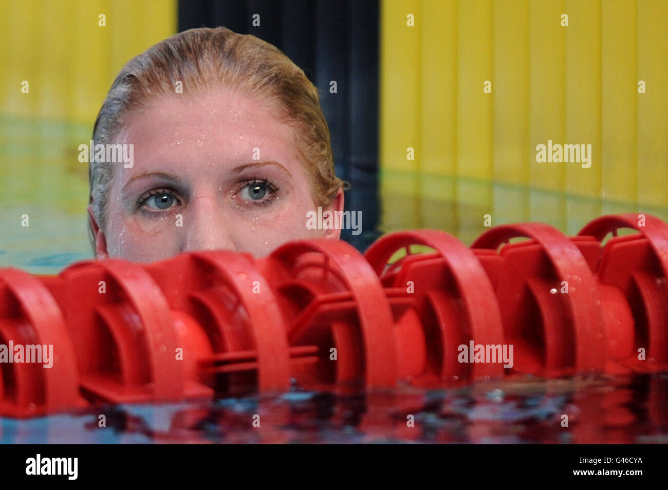 Rebecca Adlington after winning her heat of the Women's 800m Freestyle during the British Gas Swimming Championships at the Manchester Aquatic Centre, Manchester. Stock Photo