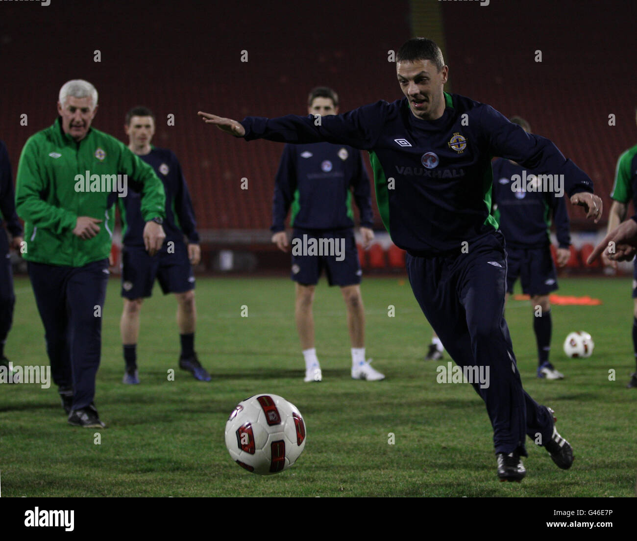 Northern Ireland captain Chris Baird during a training session ahead of their UEFA Euro 2012 Qualifying match against Serbia at the Red Star Stadium, Belgrade, Serbia. Stock Photo