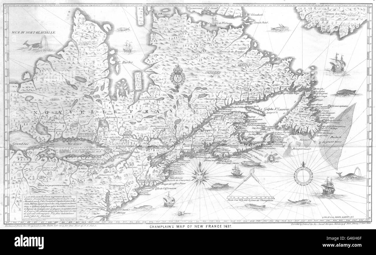 CANADA: Champlain's map of New France Nouvelle France 1632., 1850 Stock Photo
