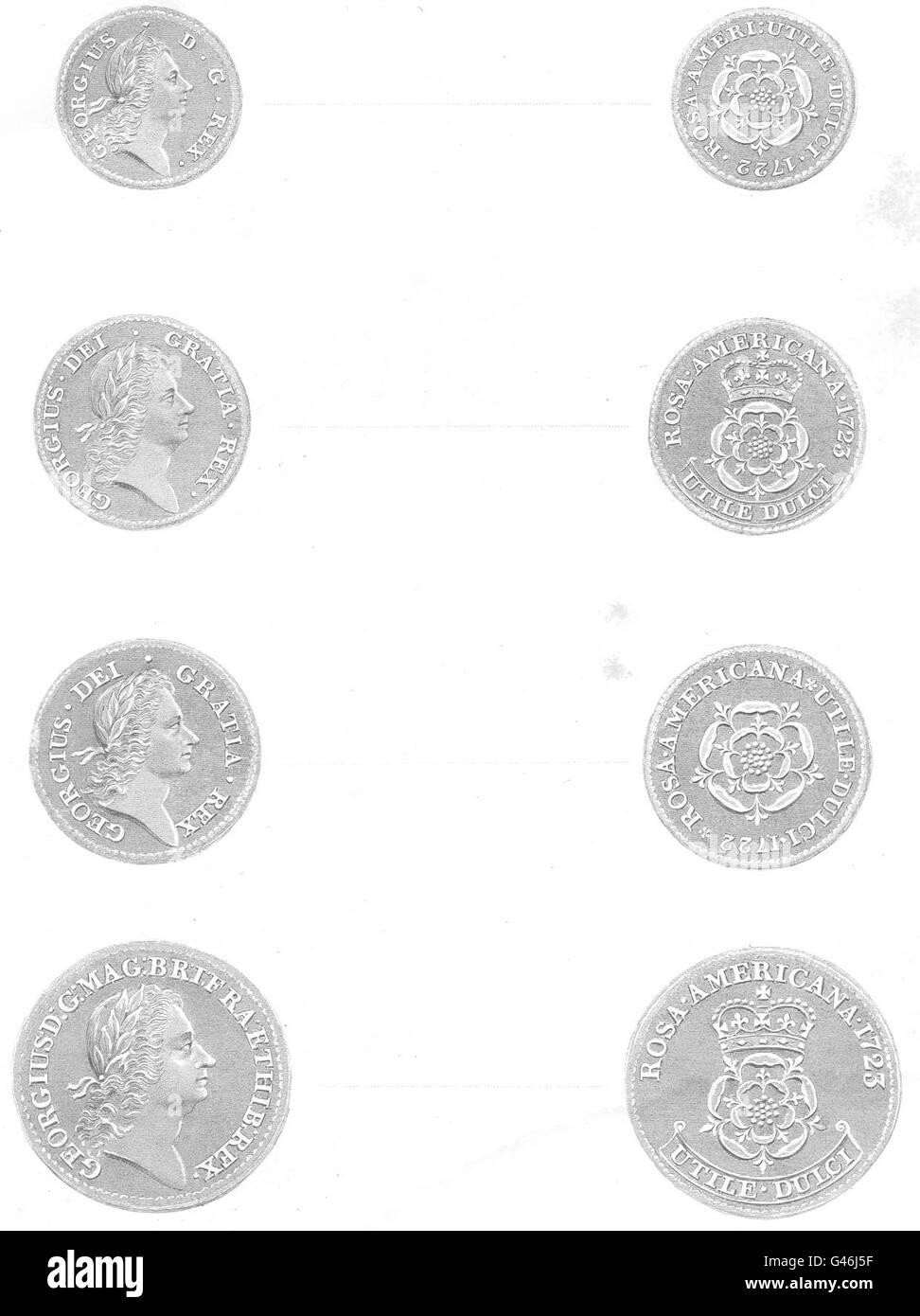 ROSA AMERICANA COINS:Georgius Rex.Utile Dulci.1722-23 DG.Mag Br Fra Hib., 1850 Stock Photo