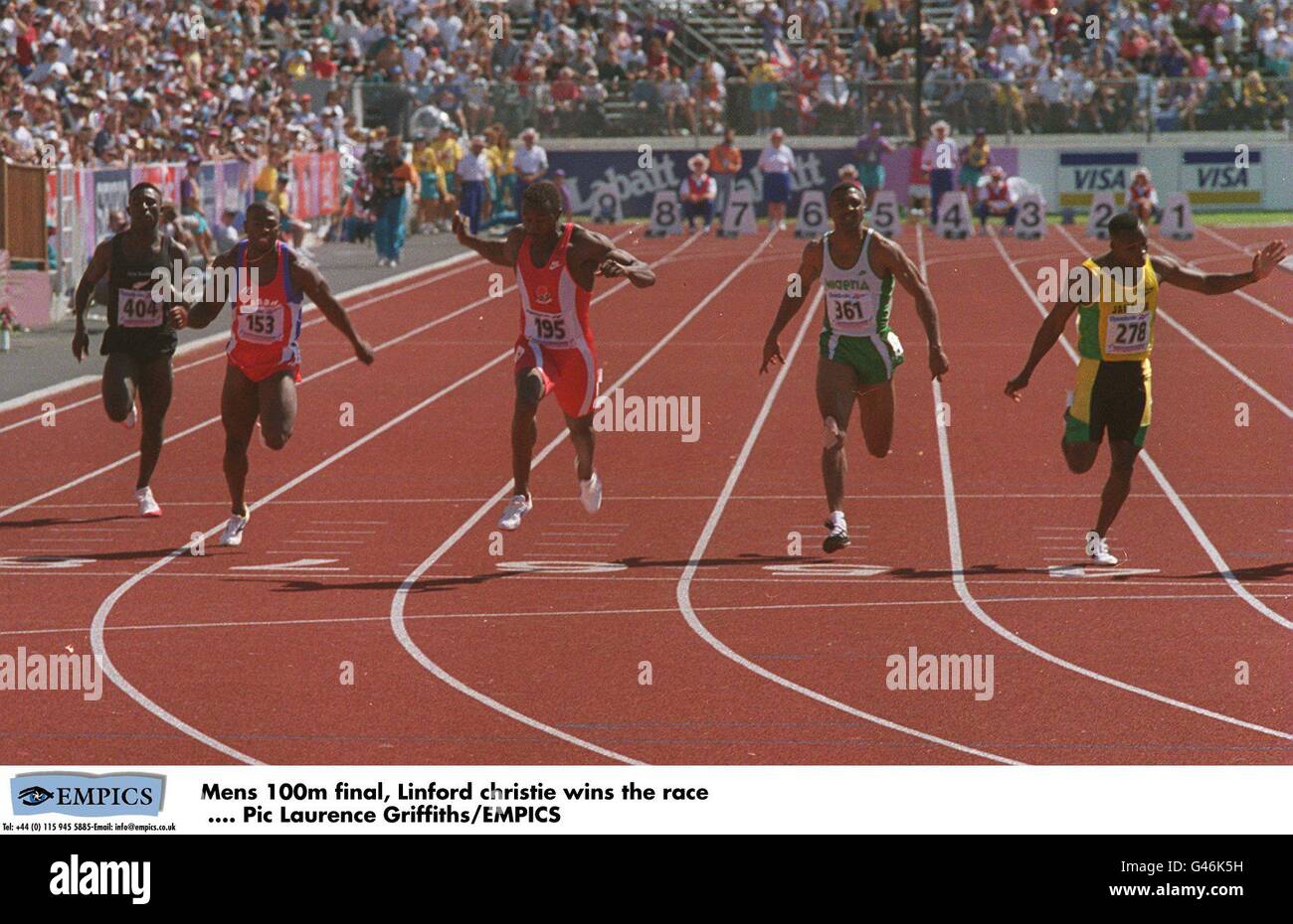 COMMONWEALTH GAMES ATHLETICS. MENS 100m FINAL LINFORD CHRISTIE WINS
