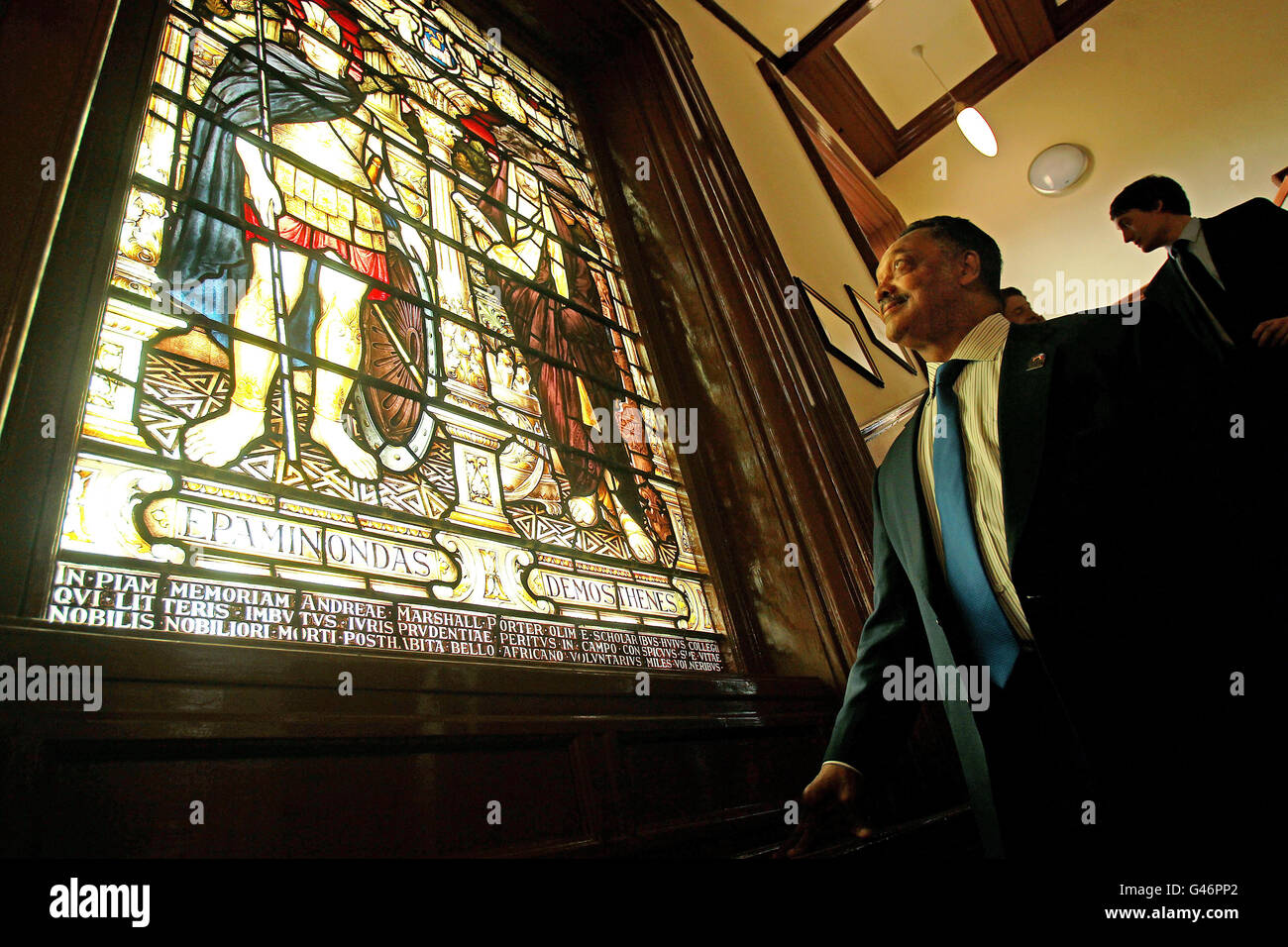 Civil rights campaigner and former presidential candidate Reverend Jesse Jackson looks at stained glass on the stairs in Trinity College on his way to address the College Historical Society, in Trinity College Dublin today. Stock Photo
